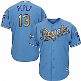 Glued Youth Kansas City Royals #13 Salvador Perez Light Blue FlexBase 2015 World Series Champions Gold Program Baseball Jersey,baseball caps,new era cap wholesale,wholesale hats