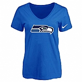 Women's Seattle Seahawks Blue Logo V neck T-Shirt FengYun,baseball caps,new era cap wholesale,wholesale hats