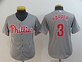 Youth Phillies 3 Bryce Harper Gray Cool Base Jersey,baseball caps,new era cap wholesale,wholesale hats