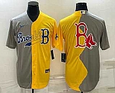 Men's Boston Red Sox Big Logo Grey Yellow Split Cool Base Stitched Jersey,baseball caps,new era cap wholesale,wholesale hats