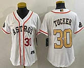 Women's Houston Astros #30 Kyle Tucker Number 2023 White Gold World Serise Champions Patch Cool Base Jersey,baseball caps,new era cap wholesale,wholesale hats