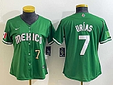 Women's Mexico Baseball #7 Julio Urias Number 2023 Green World Classic Stitched Jersey,baseball caps,new era cap wholesale,wholesale hats