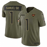 Men's Washington Commanders #1 Deebo Samuel Sr. Olive 2025 Salute to Service Limited Stitched Jersey Dyin,baseball caps,new era cap wholesale,wholesale hats