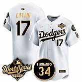 Men's Los Angeles Dodgers #17 Shohei Ohtani White Gold 2025 World Series With No.34 Patch Limited Stitched Jersey,baseball caps,new era cap wholesale,wholesale hats