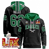 Men's Philadelphia Eagles #62 Jason Kelce Black 2025 Super Bowl LIX With 4-Star C Patch Pullover Stitched Hoodie,baseball caps,new era cap wholesale,wholesale hats