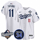 Men's Los Angeles Dodgers #11 Roki Sasaki White 2025 World Series With No. 34 Patch Limited Stitched Jersey,baseball caps,new era cap wholesale,wholesale hats
