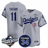 Men's Los Angeles Dodgers #11 Roki Sasaki Gray 2025 World Series With No. 34 Patch Limited Stitched Jersey,baseball caps,new era cap wholesale,wholesale hats