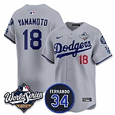 Men's Los Angeles Dodgers #18 Yoshinobu Yamamoto Gray 2025 World Series With No. 34 Patch Limited Stitched Jersey,baseball caps,new era cap wholesale,wholesale hats