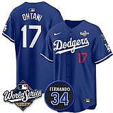 Men's Los Angeles Dodgers #17 Shohei Ohtani Royal 2025 World Series With No.34 Patch Limited Stitched Jersey,baseball caps,new era cap wholesale,wholesale hats