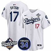 Men's Los Angeles Dodgers #17 Shohei Ohtani White 2025 World Series With No. 34 Patch Limited Stitched Jersey,baseball caps,new era cap wholesale,wholesale hats