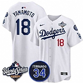 Men's Los Angeles Dodgers #18 Yoshinobu Yamamoto White 2025 World Series With No. 34 Patch Limited Stitched Jersey,baseball caps,new era cap wholesale,wholesale hats