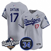 Men's Los Angeles Dodgers #17 Shohei Ohtani Gray 2025 World Series With No. 34 Patch Limited Stitched Jersey,baseball caps,new era cap wholesale,wholesale hats