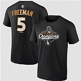 Men's Los Angeles Dodgers #5 Freddie Freeman Black 2025 World Series Champions Name & Number T-Shirt,baseball caps,new era cap wholesale,wholesale hats