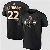 Men's Los Angeles Dodgers #22 Clayton Kershaw Black 2025 World Series Champions Name & Number T-Shirt,baseball caps,new era cap wholesale,wholesale hats