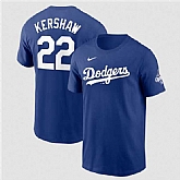 Men's Los Angeles Dodgers #22 Clayton Kershaw Royal 2025 World Series Champions Name & Number T-Shirt,baseball caps,new era cap wholesale,wholesale hats