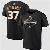 Men's Los Angeles Dodgers #37 Teoscar Hernandez Black 2025 World Series Champions Name & Number T-Shirt,baseball caps,new era cap wholesale,wholesale hats