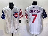 Men's Chicago Cubs #7 Dansby Swanson White Pinstripe 2025 Independence Day Vapor Premier Limited Stitched Baseball Jersey,baseball caps,new era cap wholesale,wholesale hats