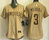 Women's San Diego Padres #3 Jackson Merrill Khaki Pinstripe Limited Stitched Jersey,baseball caps,new era cap wholesale,wholesale hats