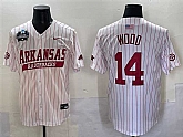 Men's Arkansas Razorbacks #14 Gage Wood White Pinstripe 2025 World Series & SEC Patch Stitched Jersey,baseball caps,new era cap wholesale,wholesale hats
