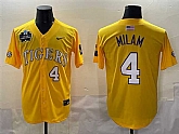 Men's LSU Tigers #4 Steven Milam Gold 2025 World Series & SEC Patch Stitched Baseball Jersey,baseball caps,new era cap wholesale,wholesale hats