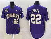 Men's LSU Tigers #22 Jared Jones Purple 2025 World Series & SEC Patch Stitched Baseball Jersey,baseball caps,new era cap wholesale,wholesale hats