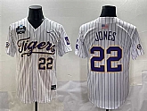 Men's LSU Tigers #22 Jared Jones White Pinstripe 2025 World Series & SEC Patch Stitched Baseball Jersey,baseball caps,new era cap wholesale,wholesale hats