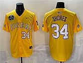Men's LSU Tigers #34 Chase Shores Gold 2025 World Series & SEC Patch Stitched Baseball Jersey,baseball caps,new era cap wholesale,wholesale hats