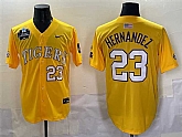 Men's LSU Tigers #23 Luis Hernandez Gold 2025 World Series & SEC Patch Stitched Baseball Jersey,baseball caps,new era cap wholesale,wholesale hats