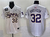 Men's LSU Tigers #32 Kade Anderson White Pinstripe 2025 World Series & SEC Patch Stitched Baseball Jersey,baseball caps,new era cap wholesale,wholesale hats