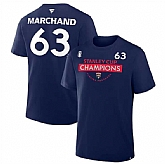 Men's Florida Panthers #63 Brad Marchand Navy 2025 Stanley Cup Champions Pro Name & Number T-Shirt,baseball caps,new era cap wholesale,wholesale hats