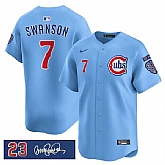 Men's Chicago Cubs #7 Dansby Swanson Blue 'Ryne Sandberg Tribute' Vapor Limited V3 Stitched Jersey Dzhi,baseball caps,new era cap wholesale,wholesale hats