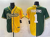 Men's Green Bay Packers #1 Micah Parsons Green Gold Split Cool Base Stitched Baseball Jersey,baseball caps,new era cap wholesale,wholesale hats