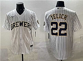 Men's Milwaukee Brewers #22 Christian Yelich White Pinstripe 2025 With Patch Stitched Jersey,baseball caps,new era cap wholesale,wholesale hats