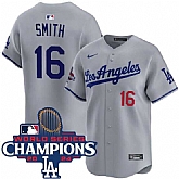 Men's Los Angeles Dodgers #16 Will Smith Gray 2024 World Series Champions Patch Limited Stitched Jersey Dzhi,baseball caps,new era cap wholesale,wholesale hats