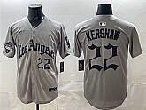 Men's Los Angeles Dodgers #22 Clayton Kershaw Grey LA Gothic Style With 2025 World Series Champions Patch Limited Stitched Jersey Dzhi,baseball caps,new era cap wholesale,wholesale hats