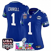 Women's Seattle Seahawks #1 Pete Carroll Royal 2025 F.U.S.E. Super Bowl LX Patch And 50th Season & USA 250' Patch Vapor Throwback Limited Stitched Jersey,baseball caps,new era cap wholesale,wholesale hats