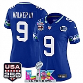 Women's Seattle Seahawks #9 Kenneth Walker III Royal 2025 F.U.S.E. Super Bowl LX Patch And 50th Season & USA 250' Patch Vapor Throwback Limited Stitched Jersey,baseball caps,new era cap wholesale,wholesale hats