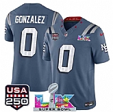 Men's New England Patriots #0 Christian Gonzalez Storm Blue 2025 F.U.S.E. Super Bowl LX & USA 250' Patch 'Rivalries' Vapor Limited Stitched Jersey,baseball caps,new era cap wholesale,wholesale hats