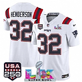 Men's New England Patriots #32 TreVeyon Henderson White 2025 F.U.S.E. Super Bowl LX Patch And USA 250' Patch Vapor Limited Stitched Jersey,baseball caps,new era cap wholesale,wholesale hats