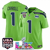 Men's Seattle Seahawks #1 Pete Carroll Green 2025 F.U.S.E. Super Bowl LX Patch And 50th Season & USA 250' Patch Vapor Limited Stitched Jersey,baseball caps,new era cap wholesale,wholesale hats