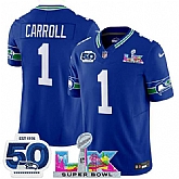 Men's Seattle Seahawks #1 Pete Carroll Royal 2025 F.U.S.E. Super Bowl LX Patch And 50th Season Patch Vapor Throwback Limited Stitched Jersey,baseball caps,new era cap wholesale,wholesale hats