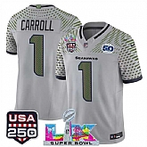 Men's Seattle Seahawks #1 Pete Carroll Gray 2025 F.U.S.E. Super Bowl LX & US 250th anniversary Patch And 50th Season Patch 'Rivalries' Vapor Limited Stitched Jersey,baseball caps,new era cap wholesale,wholesale hats