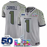 Men's Seattle Seahawks #1 Pete Carroll Gray 2025 F.U.S.E. Super Bowl LX Patch And 50th Season Patch 'Rivalries' Vapor Limited Stitched Jersey,baseball caps,new era cap wholesale,wholesale hats