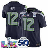 Men's Seattle Seahawks #12 Fan Navy 2025 F.U.S.E. Super Bowl LX Patch And 50th Season Patch Vapor Limited Stitched Jersey,baseball caps,new era cap wholesale,wholesale hats