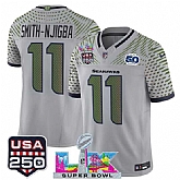 Men's Seattle Seahawks #11 Jaxon Smith-Njigba Gray 2025 F.U.S.E. Super Bowl LX & US 250th anniversary Patch And 50th Season Patch 'Rivalries' Vapor Limited Stitched Jersey,baseball caps,new era cap wholesale,wholesale hats