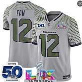 Men's Seattle Seahawks #12 Fan Gray 2025 F.U.S.E. Super Bowl LX Patch And 50th Season Patch 'Rivalries' Vapor Limited Stitched Jersey,baseball caps,new era cap wholesale,wholesale hats