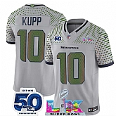 Men's Seattle Seahawks #10 Cooper Kupp Grey 2025 F.U.S.E. Super Bowl LX Patch And 50th Season Patch 'Rivalries' Vapor Limited Stitched Jersey,baseball caps,new era cap wholesale,wholesale hats