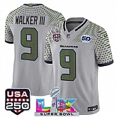 Men's Seattle Seahawks #9 Kenneth Walker III Gray 2025 F.U.S.E. Super Bowl LX & US 250th anniversary Patch And 50th Season Patch 'Rivalries' Vapor Limited Stitched Jersey,baseball caps,new era cap wholesale,wholesale hats