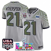 Men's Seattle Seahawks #21 Devon Witherspoon Gray 2025 F.U.S.E. Super Bowl LX & US 250th anniversary Patch And 50th Season Patch 'Rivalries' Vapor Limited Stitched Jersey,baseball caps,new era cap wholesale,wholesale hats