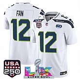 Men's Seattle Seahawks #12 Fan White 2025 F.U.S.E. Super Bowl LX Patch And 50th Season & USA 250' Patch Vapor Limited Stitched Jersey,baseball caps,new era cap wholesale,wholesale hats